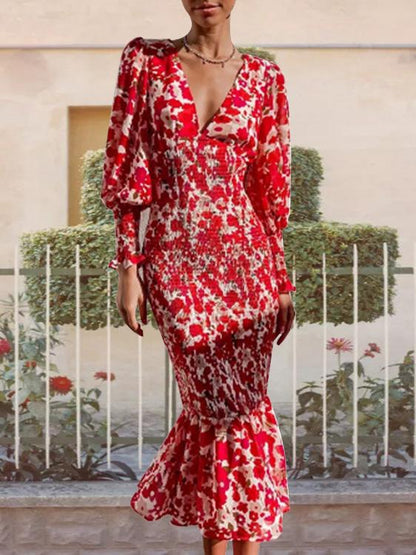 Women's Dresses Fashion V-Neck Long Sleeve Printed Dress - Maxi Dresses - INS | Online Fashion Free Shipping Clothing, Dresses, Tops, Shoes - 30-40 - 31/08/2021 - Category_Maxi Dresses