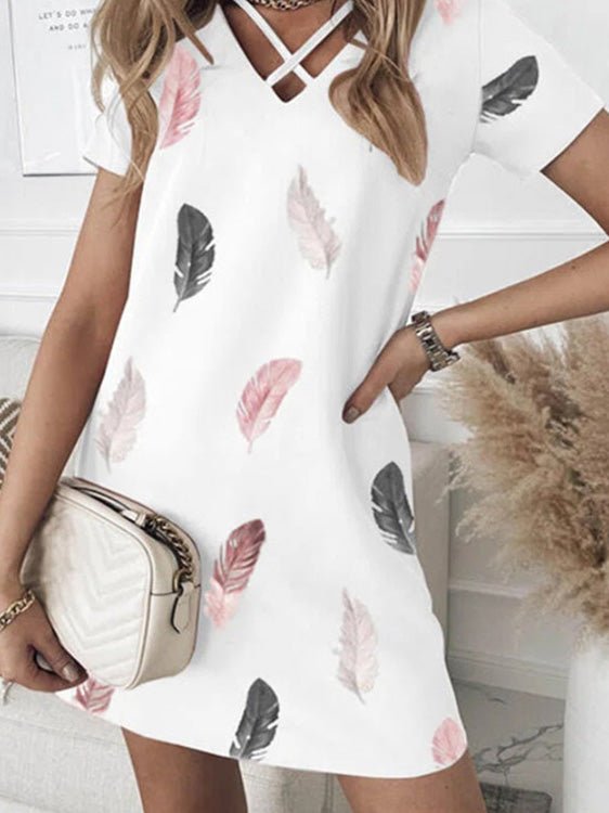 Women's Dresses Feather Print V-Neck Short Sleeve Dress - Mini Dresses - Instastyled | Online Fashion Free Shipping Clothing, Dresses, Tops, Shoes - 16/05/2022 - 30-40 - color-white