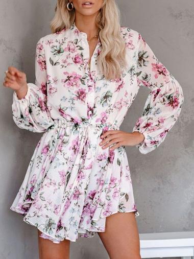 Women's Dresses Floral Button Long Sleeve Mini Dress - Mini Dresses - INS | Online Fashion Free Shipping Clothing, Dresses, Tops, Shoes - 27/09/2021 - Color_Black - Color_Pink