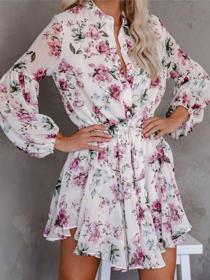 Women's Dresses Floral Button Long Sleeve Mini Dress - Mini Dresses - INS | Online Fashion Free Shipping Clothing, Dresses, Tops, Shoes - 27/09/2021 - Color_Black - Color_Pink