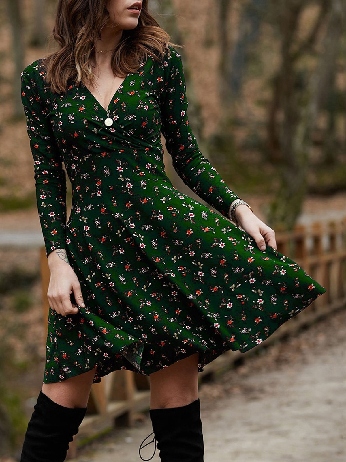 Women's Dresses Floral Long Sleeve V-Neck Mini Dress - Mini Dresses - INS | Online Fashion Free Shipping Clothing, Dresses, Tops, Shoes - 27/09/2021 - Color_Blue - Color_Green