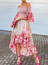 Women's Dresses Floral Off-Shoulder Flare Sleeve Irregular Dress - Maxi Dresses - Instastyled | Online Fashion Free Shipping Clothing, Dresses, Tops, Shoes - 01/03/2022 - color-pink - Color_Pink