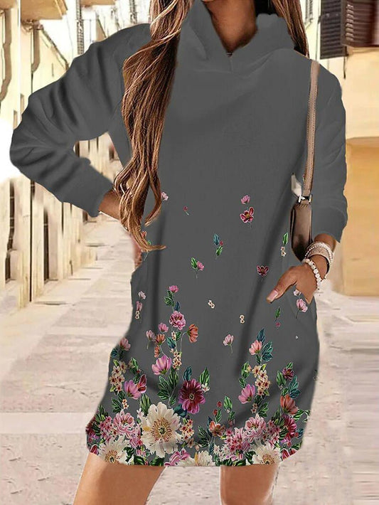 Women's Dresses Floral Print Pocket Long Sleeve Hooded Dress - Mini Dresses - Instastyled | Online Fashion Free Shipping Clothing, Dresses, Tops, Shoes - 09/08/2022 - Casual Dresses - Color_Blue