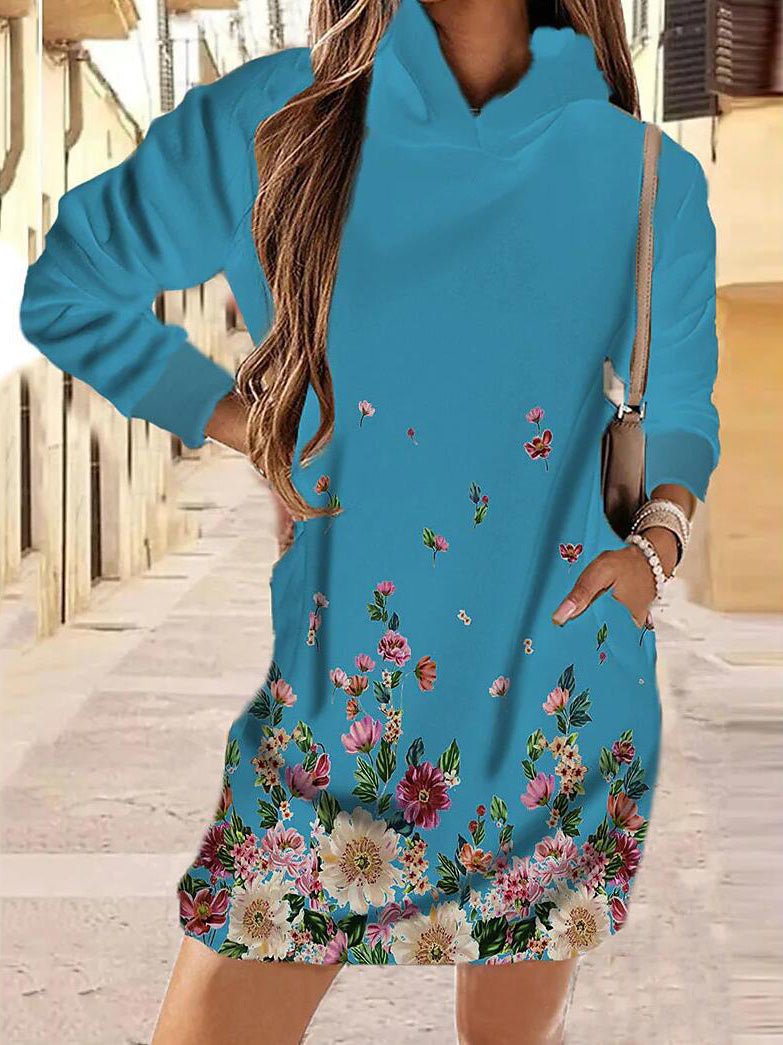 Women's Dresses Floral Print Pocket Long Sleeve Hooded Dress - Mini Dresses - Instastyled | Online Fashion Free Shipping Clothing, Dresses, Tops, Shoes - 09/08/2022 - Casual Dresses - Color_Blue