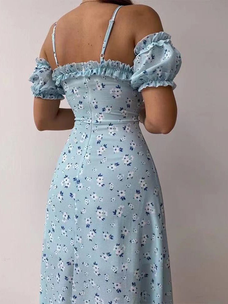 Women's Dresses Floral Print Sling Off-The-Shoulder Slit Dress - Midi Dresses - Instastyled | Online Fashion Free Shipping Clothing, Dresses, Tops, Shoes - 18/05/2022 - 30-40 - color-blue