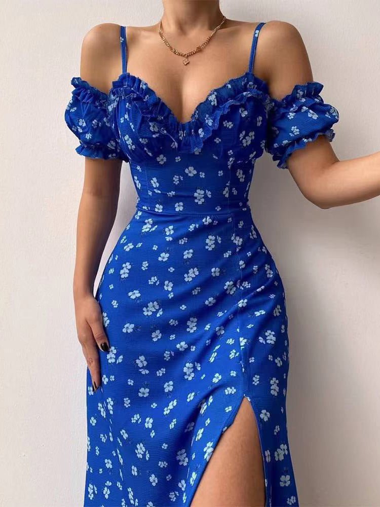 Women's Dresses Floral Print Sling Off-The-Shoulder Slit Dress - Midi Dresses - Instastyled | Online Fashion Free Shipping Clothing, Dresses, Tops, Shoes - 18/05/2022 - 30-40 - color-blue