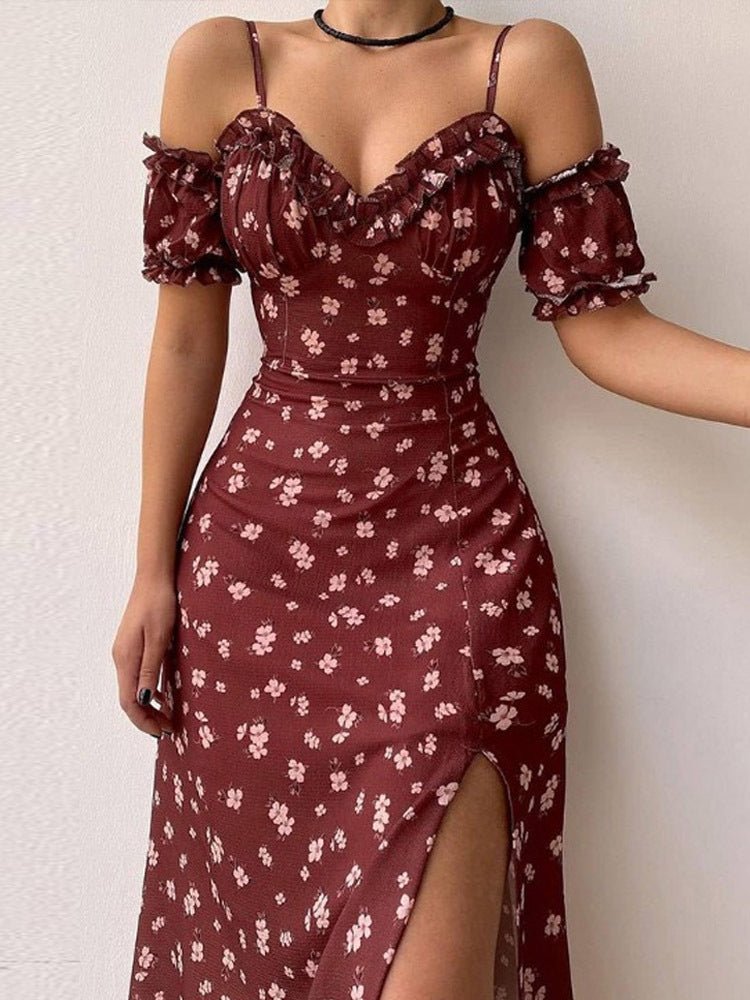 Women's Dresses Floral Print Sling Off-The-Shoulder Slit Dress - Midi Dresses - Instastyled | Online Fashion Free Shipping Clothing, Dresses, Tops, Shoes - 18/05/2022 - 30-40 - color-blue