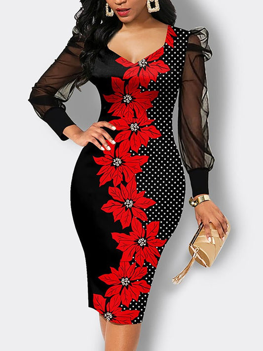Women's Dresses Floral Printed Mesh Sleeve Polka Dot Midi Dress - Midi Dresses - Instastyled | Online Fashion Free Shipping Clothing, Dresses, Tops, Shoes - 11/1/2023 - color-blue - color-light-white