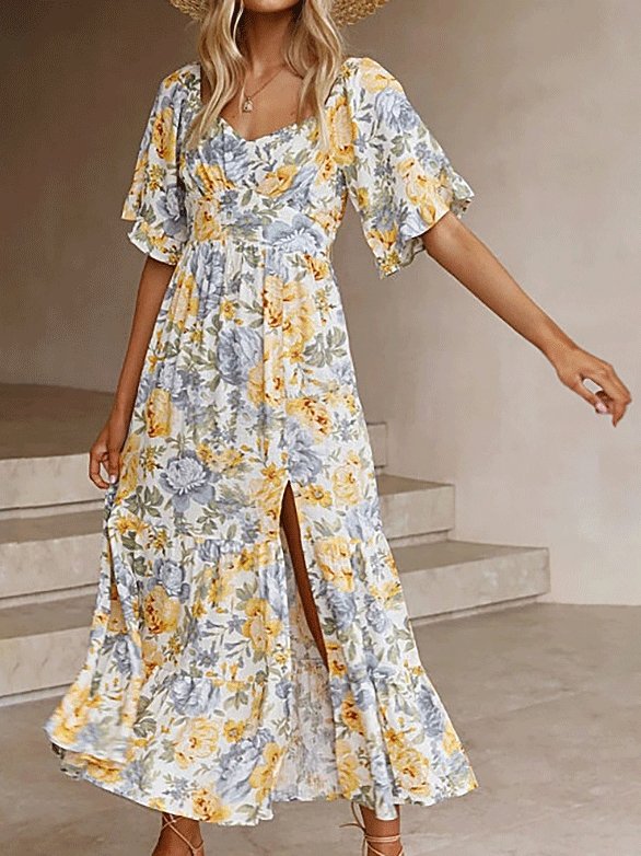 Women's Dresses Floral Printed V-Neck Short Sleeve Split Dress - Midi Dresses - INS | Online Fashion Free Shipping Clothing, Dresses, Tops, Shoes - 03/09/2021 - 30-40 - Category_Midi Dresses