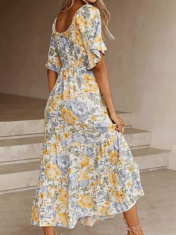 Women's Dresses Floral Printed V-Neck Short Sleeve Split Dress - Midi Dresses - INS | Online Fashion Free Shipping Clothing, Dresses, Tops, Shoes - 03/09/2021 - 30-40 - Category_Midi Dresses