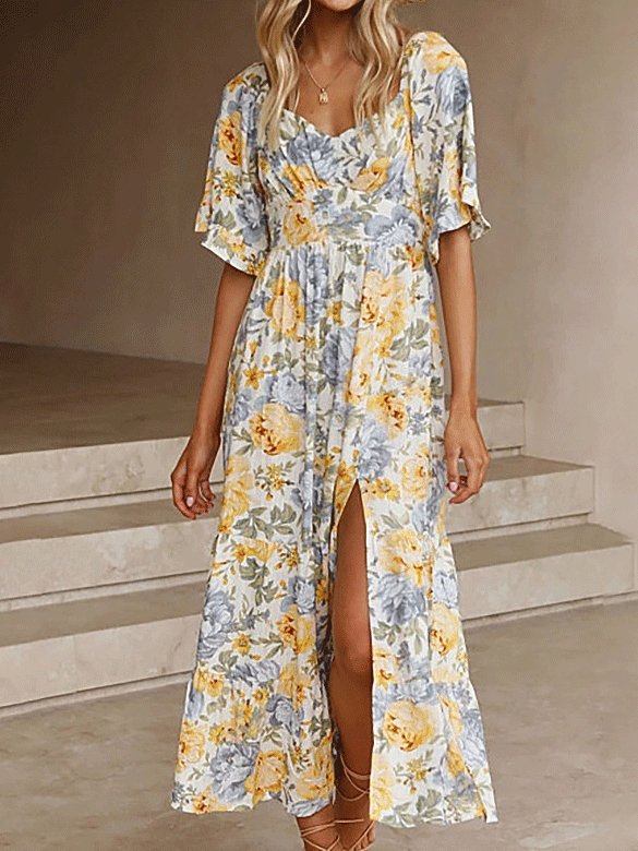 Women's Dresses Floral Printed V-Neck Short Sleeve Split Dress - Midi Dresses - INS | Online Fashion Free Shipping Clothing, Dresses, Tops, Shoes - 03/09/2021 - 30-40 - Category_Midi Dresses