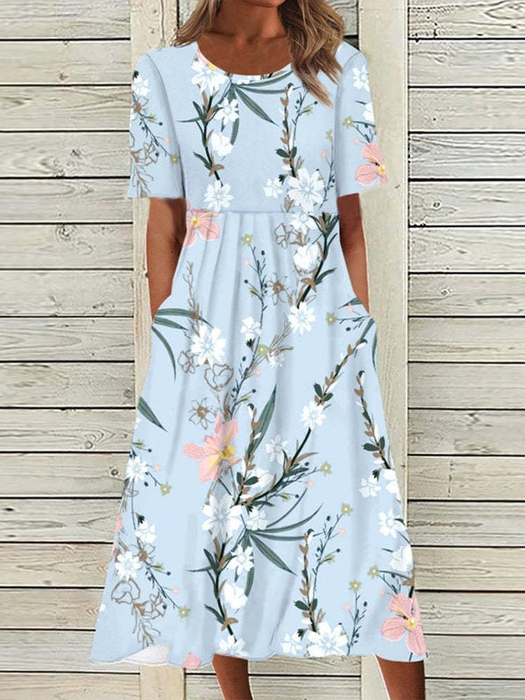 Women's Dresses Floral Round Neck Short Sleeve Pocket Dress - Maxi Dresses - Instastyled | Online Fashion Free Shipping Clothing, Dresses, Tops, Shoes - 19/05/2022 - 30-40 - color-blue