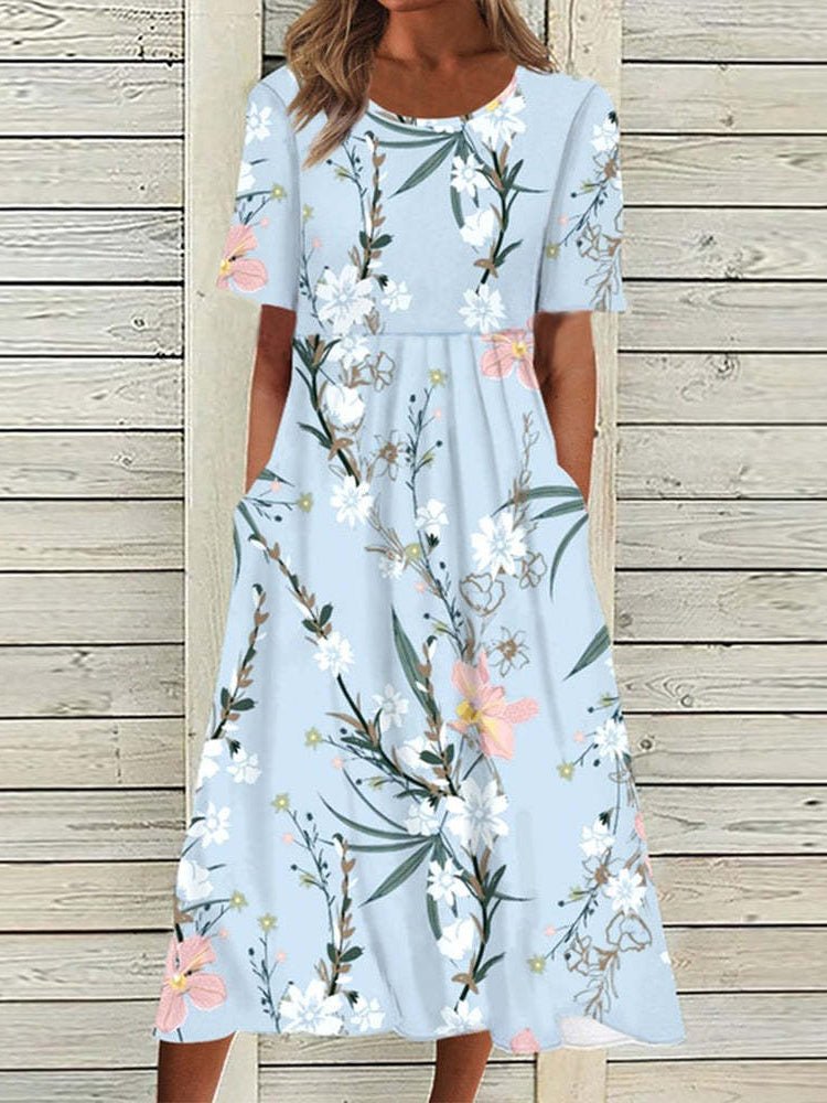 Women's Dresses Floral Round Neck Short Sleeve Pocket Dress - Maxi Dresses - Instastyled | Online Fashion Free Shipping Clothing, Dresses, Tops, Shoes - 19/05/2022 - 30-40 - color-blue