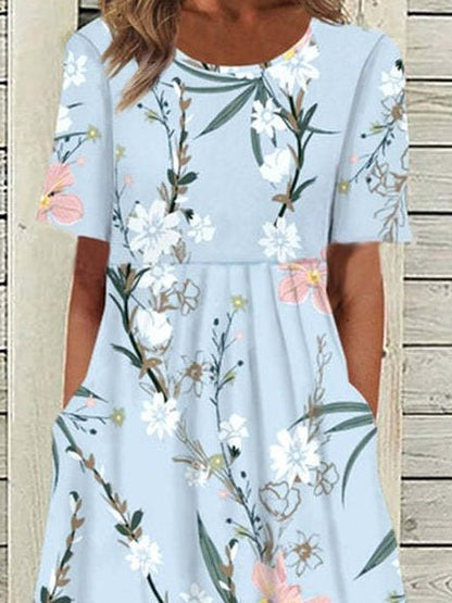 Women's Dresses Floral Round Neck Short Sleeve Pocket Dress - Maxi Dresses - Instastyled | Online Fashion Free Shipping Clothing, Dresses, Tops, Shoes - 19/05/2022 - 30-40 - color-blue