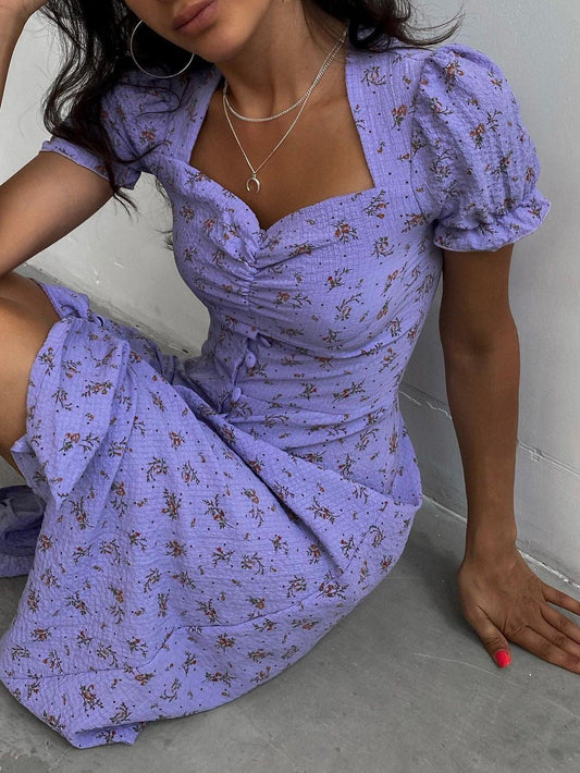 Women's Dresses Floral Square Neck Button Short Sleeve Dress - Midi Dresses - Instastyled | Online Fashion Free Shipping Clothing, Dresses, Tops, Shoes - 30/04/2022 - 40-50 - color-beige