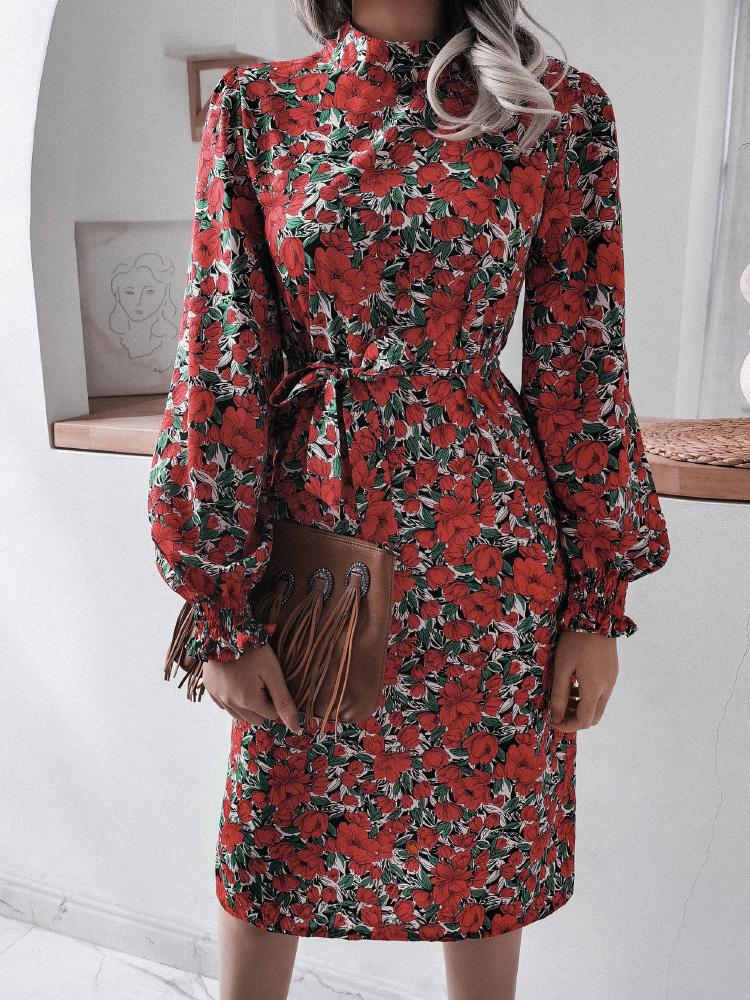 Women's Dresses Floral Stand Collar Lantern Long Sleeve Chiffon Dress - Midi Dresses - INS | Online Fashion Free Shipping Clothing, Dresses, Tops, Shoes - 20-30 - 20/08/2021 - Category_Midi Dresses