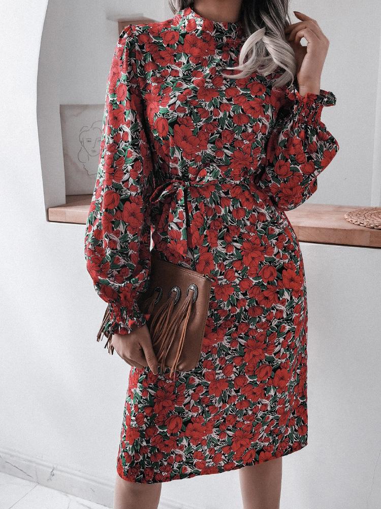 Women's Dresses Floral Stand Collar Lantern Long Sleeve Chiffon Dress - Midi Dresses - INS | Online Fashion Free Shipping Clothing, Dresses, Tops, Shoes - 20-30 - 20/08/2021 - Category_Midi Dresses