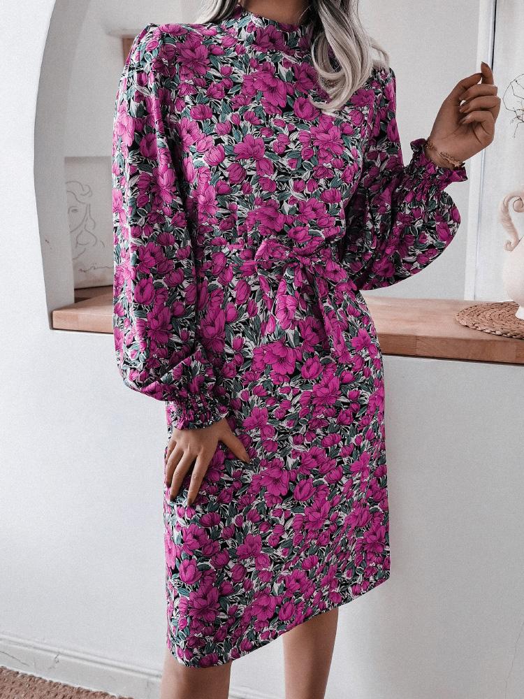 Women's Dresses Floral Stand Collar Lantern Long Sleeve Chiffon Dress - Midi Dresses - INS | Online Fashion Free Shipping Clothing, Dresses, Tops, Shoes - 20-30 - 20/08/2021 - Category_Midi Dresses