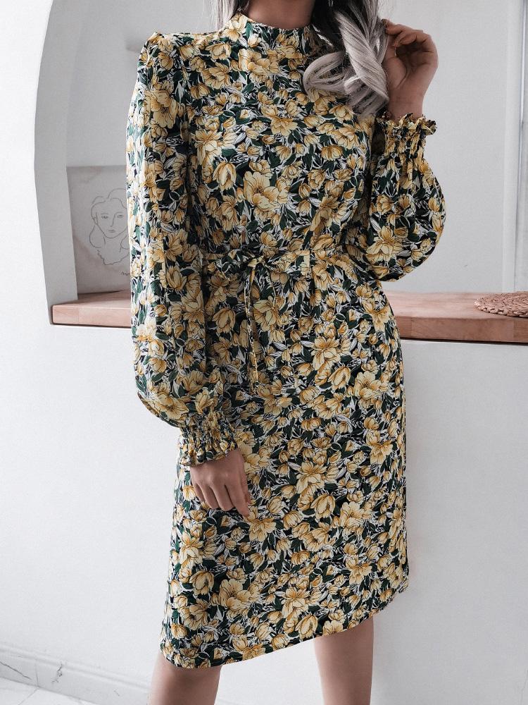 Women's Dresses Floral Stand Collar Lantern Long Sleeve Chiffon Dress - Midi Dresses - INS | Online Fashion Free Shipping Clothing, Dresses, Tops, Shoes - 20-30 - 20/08/2021 - Category_Midi Dresses