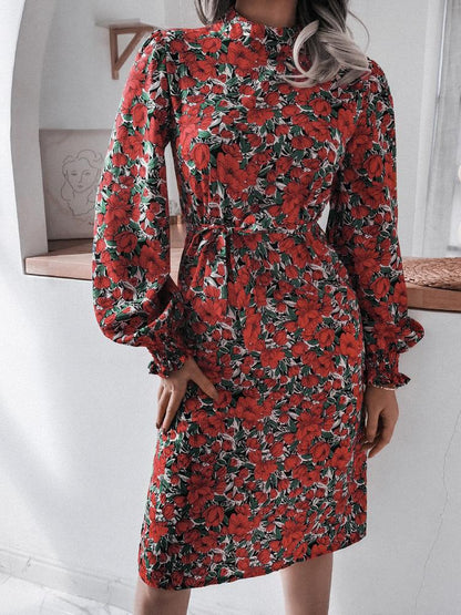 Women's Dresses Floral Stand Collar Lantern Long Sleeve Chiffon Dress - Midi Dresses - INS | Online Fashion Free Shipping Clothing, Dresses, Tops, Shoes - 20-30 - 20/08/2021 - Category_Midi Dresses