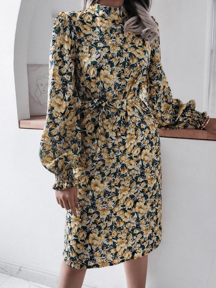 Women's Dresses Floral Stand Collar Lantern Long Sleeve Chiffon Dress - Midi Dresses - INS | Online Fashion Free Shipping Clothing, Dresses, Tops, Shoes - 20-30 - 20/08/2021 - Category_Midi Dresses