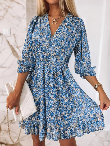 Women's Dresses Floral V-Neck Mid-Sleeves Ruffle Dress - Mini Dresses - Instastyled | Online Fashion Free Shipping Clothing, Dresses, Tops, Shoes - 13/05/2022 - Color_Blue - Color_Gray