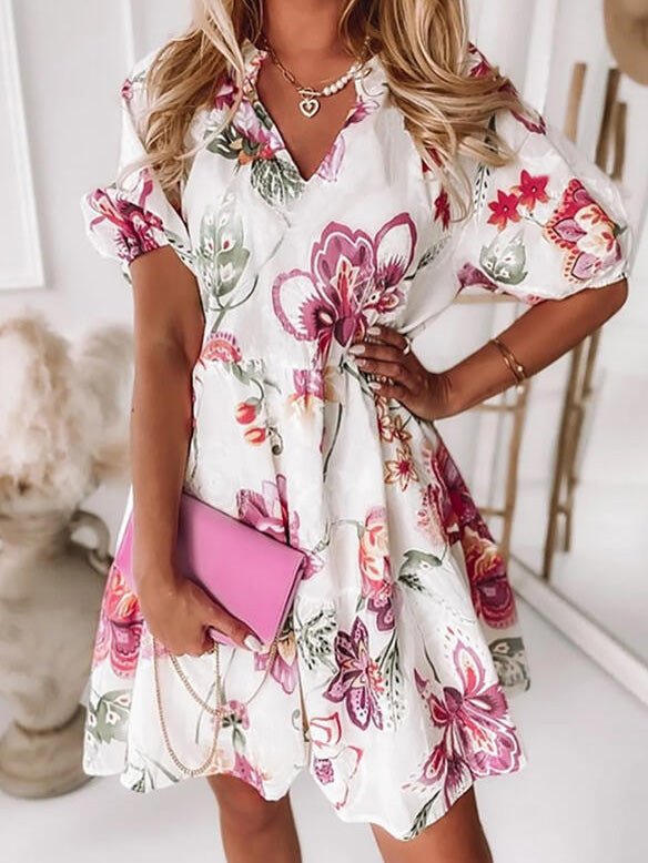 Women's Dresses Floral V-Neck Short Sleeve Dress - Mini Dresses - Instastyled | Online Fashion Free Shipping Clothing, Dresses, Tops, Shoes - 24/05/2022 - 30-40 - color-white