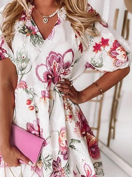 Women's Dresses Floral V-Neck Short Sleeve Dress - Mini Dresses - Instastyled | Online Fashion Free Shipping Clothing, Dresses, Tops, Shoes - 24/05/2022 - 30-40 - color-white