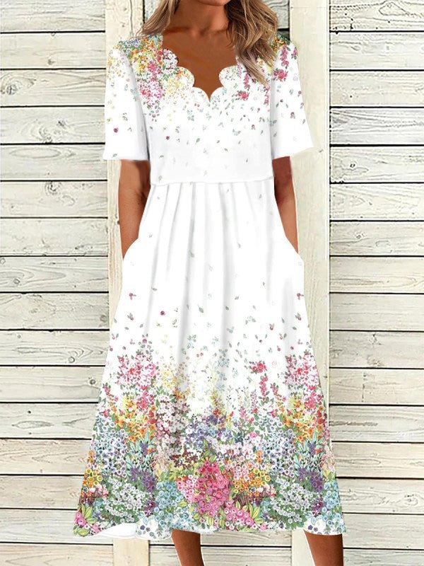 Women's Dresses Floral Wave Neck Short Sleeve Pocket Casual Dress - Maxi Dresses - Instastyled | Online Fashion Free Shipping Clothing, Dresses, Tops, Shoes - 15/06/2022 - Color_White - DRE2206154461