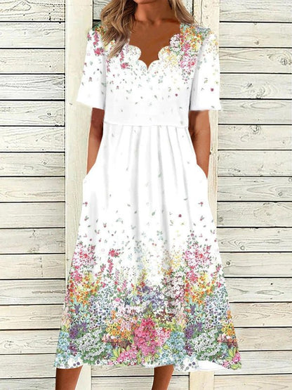 Women's Dresses Floral Wave Neck Short Sleeve Pocket Casual Dress - Maxi Dresses - Instastyled | Online Fashion Free Shipping Clothing, Dresses, Tops, Shoes - 15/06/2022 - Color_White - DRE2206154461