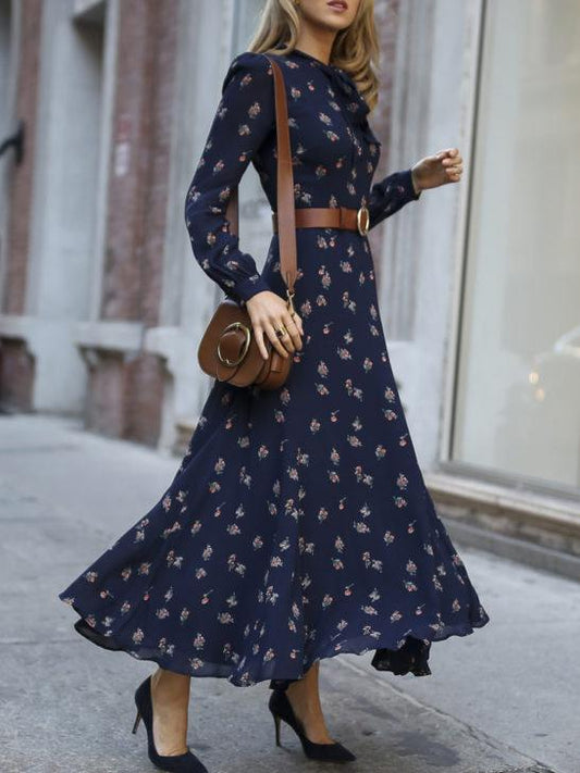 Women's Dresses Flower Belt Temperament Long Sleeve Dress - Maxi Dresses - INS | Online Fashion Free Shipping Clothing, Dresses, Tops, Shoes - 18/10/2021 - color-blue - color-light-white