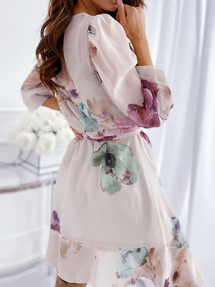 Women's Dresses Flower Print Irregular Long Sleeve Dress - Midi Dresses - Instastyled | Online Fashion Free Shipping Clothing, Dresses, Tops, Shoes - 23/12/2021 - 30-40 - color-apricot