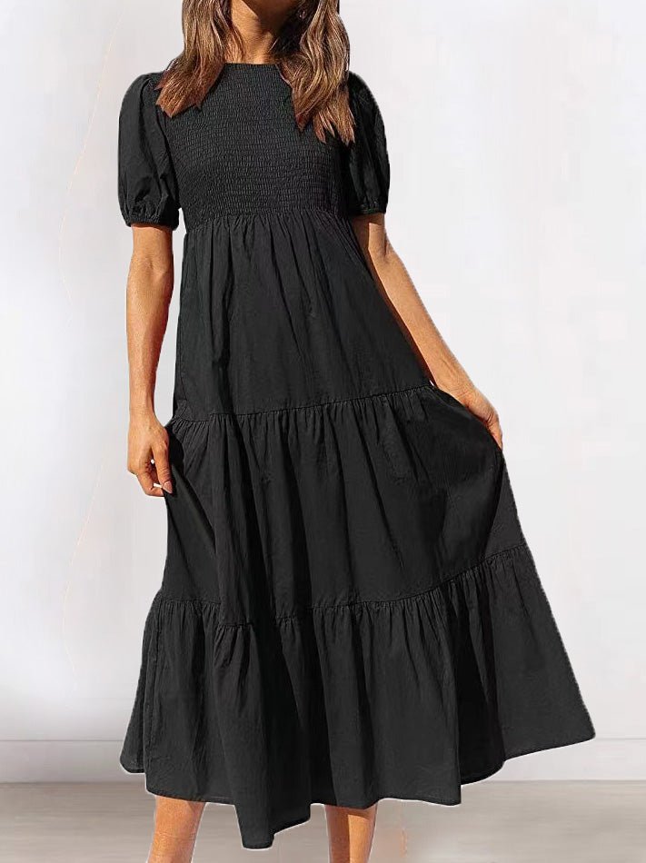 Women's Dresses Gathered Short Sleeve Ruffle Dress - Maxi Dresses - Instastyled | Online Fashion Free Shipping Clothing, Dresses, Tops, Shoes - 09/06/2022 - Casual Dresses - Color_Black