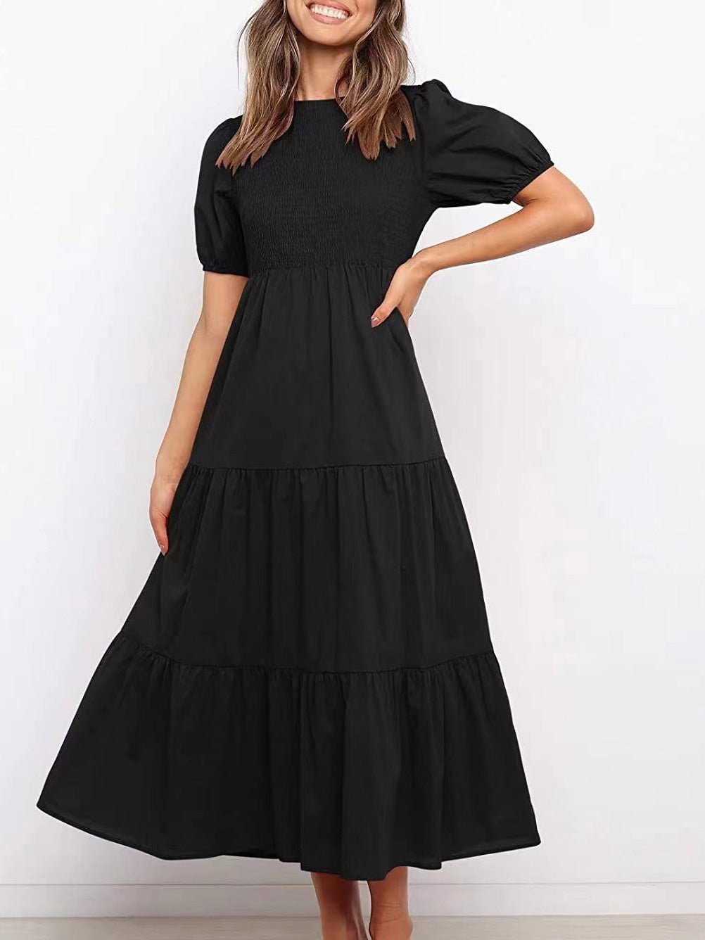 Women's Dresses Gathered Short Sleeve Ruffle Dress - Maxi Dresses - Instastyled | Online Fashion Free Shipping Clothing, Dresses, Tops, Shoes - 09/06/2022 - Casual Dresses - Color_Black