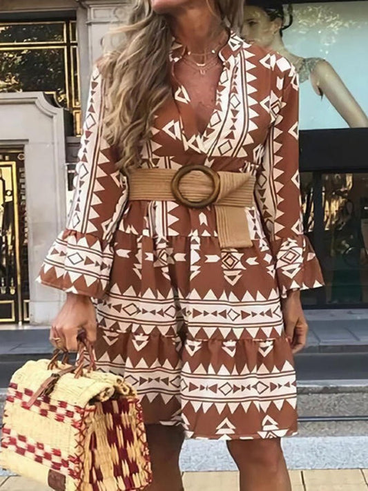 Women's Dresses Geometric Print V-Neck Flare Sleeve Dress - Mini Dresses - Instastyled | Online Fashion Free Shipping Clothing, Dresses, Tops, Shoes - 23/02/2022 - 30-40 - color-brown