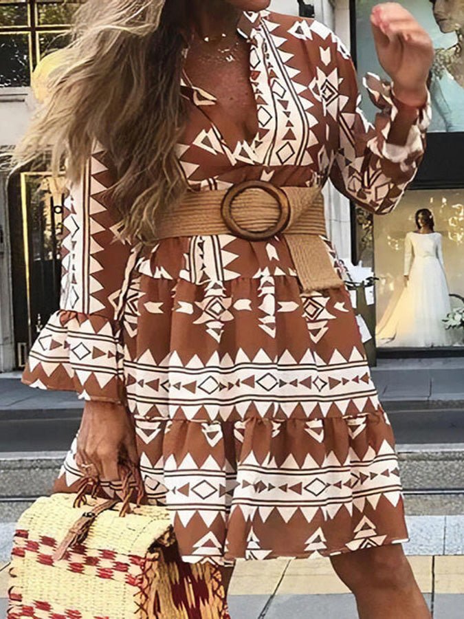 Women's Dresses Geometric Print V-Neck Flare Sleeve Dress - Mini Dresses - Instastyled | Online Fashion Free Shipping Clothing, Dresses, Tops, Shoes - 23/02/2022 - 30-40 - color-brown