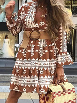 Women's Dresses Geometric Print V-Neck Flare Sleeve Dress - Mini Dresses - Instastyled | Online Fashion Free Shipping Clothing, Dresses, Tops, Shoes - 23/02/2022 - 30-40 - color-brown