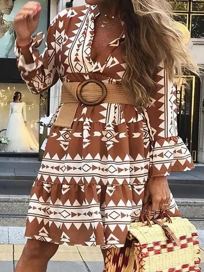 Women's Dresses Geometric Print V-Neck Flare Sleeve Dress - Mini Dresses - Instastyled | Online Fashion Free Shipping Clothing, Dresses, Tops, Shoes - 23/02/2022 - 30-40 - color-brown
