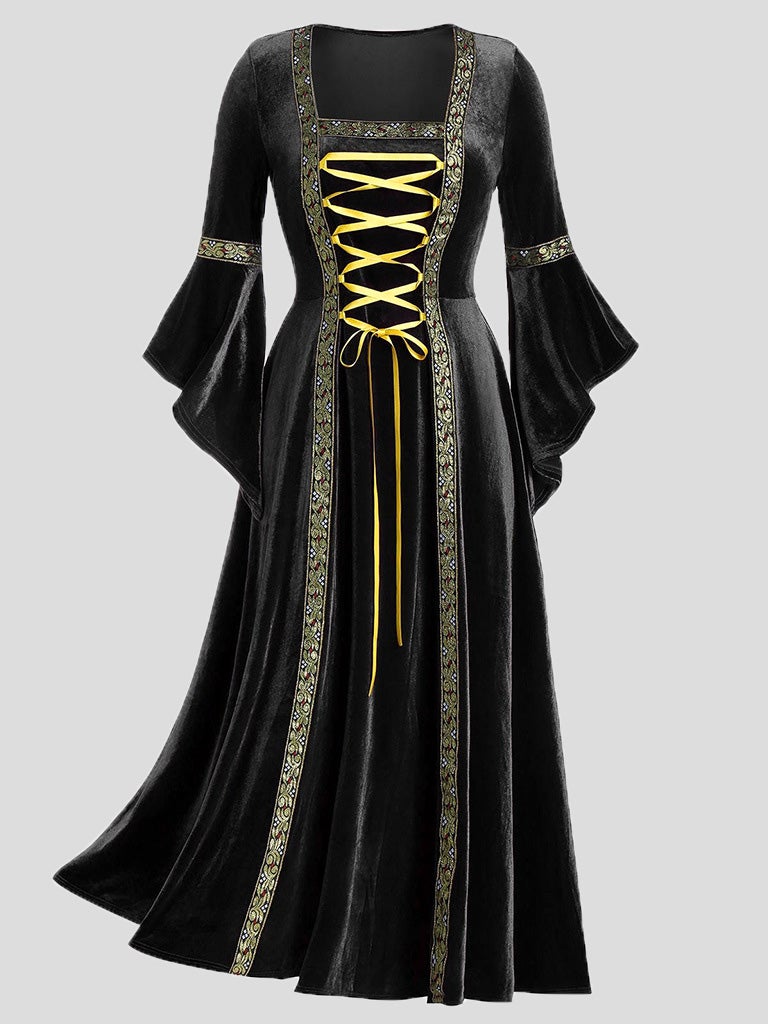 Women's Dresses Gothic Punk Style Long Sleeve Lace-Up Gold Velvet Dress - Maxi Dresses - Instastyled | Online Fashion Free Shipping Clothing, Dresses, Tops, Shoes - 04/01/2022 - 40-50 - color-black