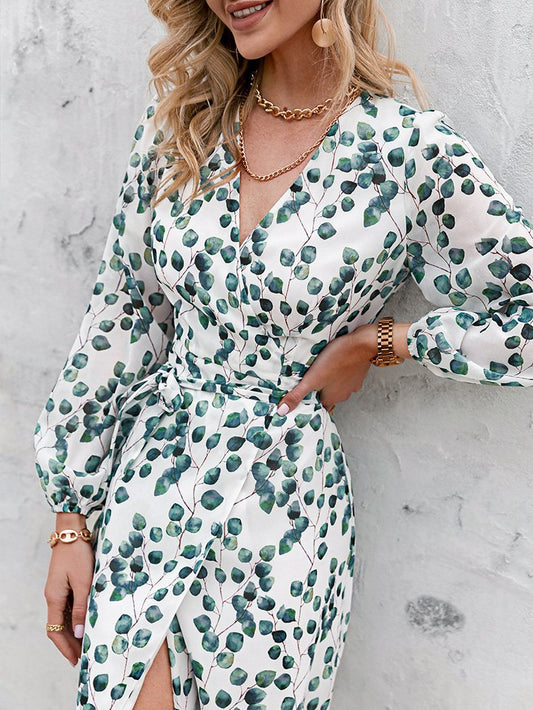 Women's Dresses Green Leaf Print Long Sleeve Lace-Up Dress - Midi Dresses - INS | Online Fashion Free Shipping Clothing, Dresses, Tops, Shoes - 30-40 - Category_Midi Dresses - color-white