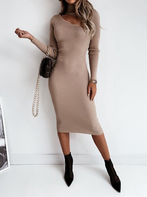 Women's Dresses Halter Cutout Long Sleeve Knit Dress - Midi Dresses - Instastyled | Online Fashion Free Shipping Clothing, Dresses, Tops, Shoes - 29/08/2022 - Bodycon Dresses - Color_Beige