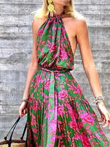 Women's Dresses Halter Floral Print Bare Back Dress - Maxi Dresses - Instastyled | Online Fashion Free Shipping Clothing, Dresses, Tops, Shoes - 06/01/2022 - 40-50 - color-green