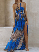 Women's Dresses Halter Hollow Leopard Bare Back Slit Dress - Maxi Dresses - Instastyled | Online Fashion Free Shipping Clothing, Dresses, Tops, Shoes - 20/01/2022 - 40-50 - color-blue