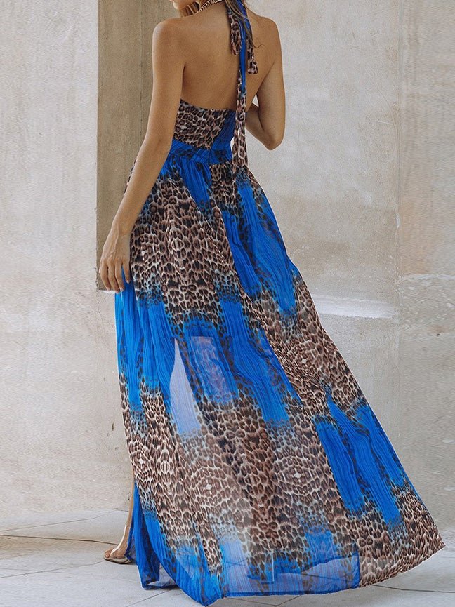 Women's Dresses Halter Hollow Leopard Bare Back Slit Dress - Maxi Dresses - Instastyled | Online Fashion Free Shipping Clothing, Dresses, Tops, Shoes - 20/01/2022 - 40-50 - color-blue