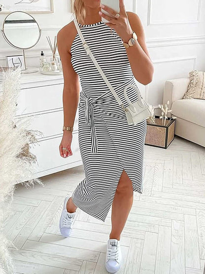 Women's Dresses Halterneck Striped Sleeveless Slit Dress - Maxi Dresses - Instastyled | Online Fashion Free Shipping Clothing, Dresses, Tops, Shoes - 02/03/2022 - 30-40 - color-black