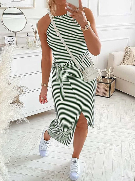 Women's Dresses Halterneck Striped Sleeveless Slit Dress - Maxi Dresses - Instastyled | Online Fashion Free Shipping Clothing, Dresses, Tops, Shoes - 02/03/2022 - 30-40 - color-black