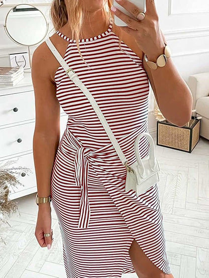 Women's Dresses Halterneck Striped Sleeveless Slit Dress - Maxi Dresses - Instastyled | Online Fashion Free Shipping Clothing, Dresses, Tops, Shoes - 02/03/2022 - 30-40 - color-black