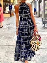 Women's Dresses Hanging Neck Sleeveless Print Dress - Maxi Dresses - Instastyled | Online Fashion Free Shipping Clothing, Dresses, Tops, Shoes - 15/01/2022 - 40-50 - color-blue