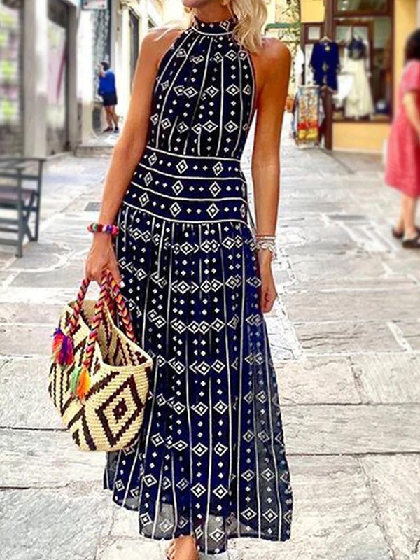 Women's Dresses Hanging Neck Sleeveless Print Dress - Maxi Dresses - Instastyled | Online Fashion Free Shipping Clothing, Dresses, Tops, Shoes - 15/01/2022 - 40-50 - color-blue