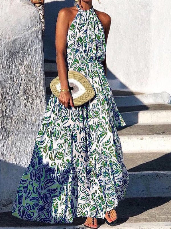 Women's Dresses Hanging Neck Vintage Print Maxi Dress - Maxi Dresses - Instastyled | Online Fashion Free Shipping Clothing, Dresses, Tops, Shoes - 19/01/2022 - 40-50 - color-blue